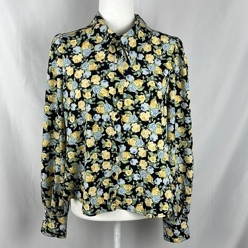 Monki Floral Puff Sleeve Button Up Blouse Top Womens Size L Cottagecore Romantic